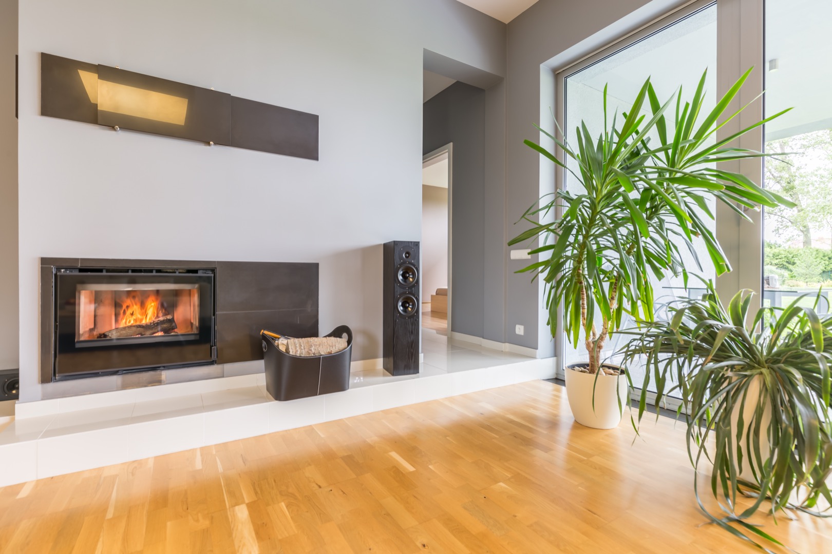 Modern fireplace in villa interior Ample apartment at last floor